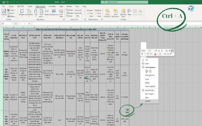 Hình ảnh chuẩn bị trước khi in Excel vừa trang giấy A4 ngang - Hiển thị hết cột/dòng ẩn 